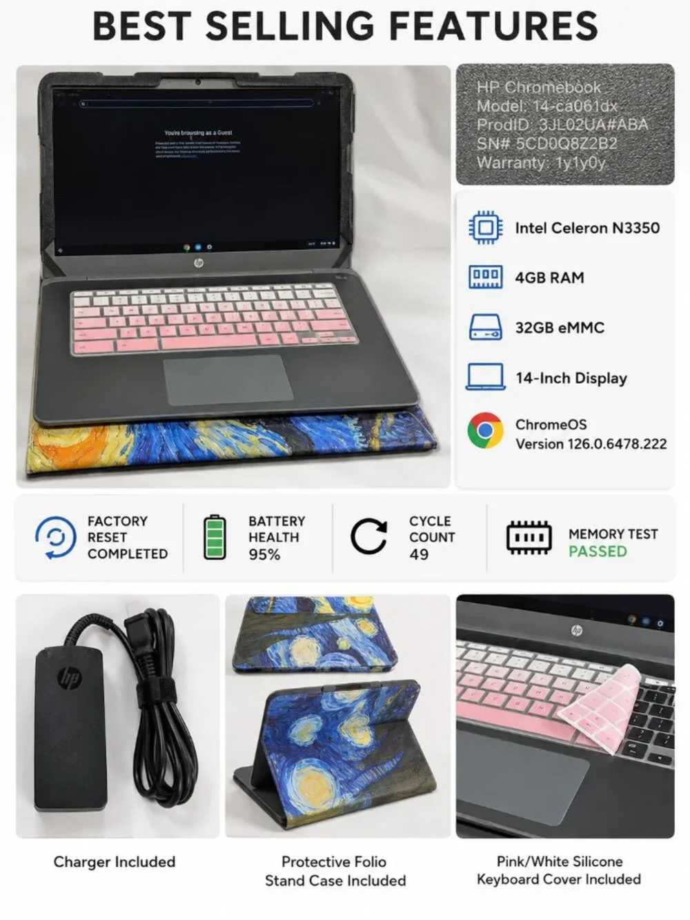 HP Chromebook 14-ca061dx 14in Gray N3350 4GB 32GB Charger Case